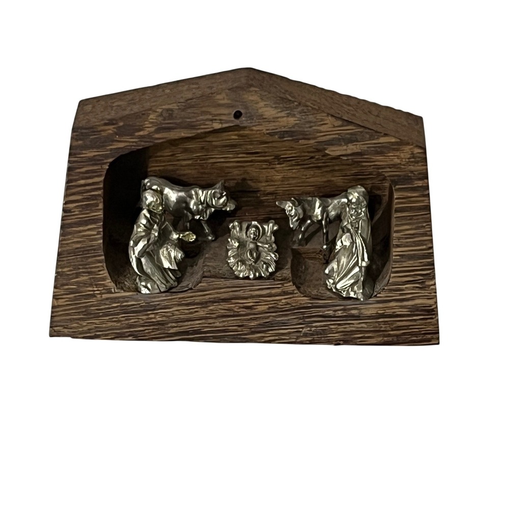 Peltro Inciso Nativity Scene  Brown Silver Wood Metal Italy Miniature‎
